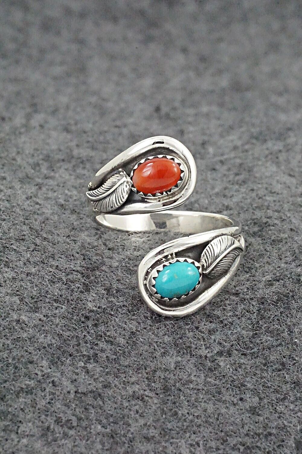 Turquoise, Coral & Sterling Silver Ring - Angela Platero - Size 10
