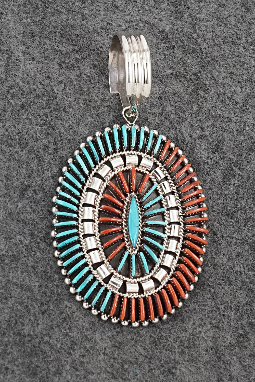 Turquoise, Coral & Sterling Silver Pendant - Edmund Cooeyate
