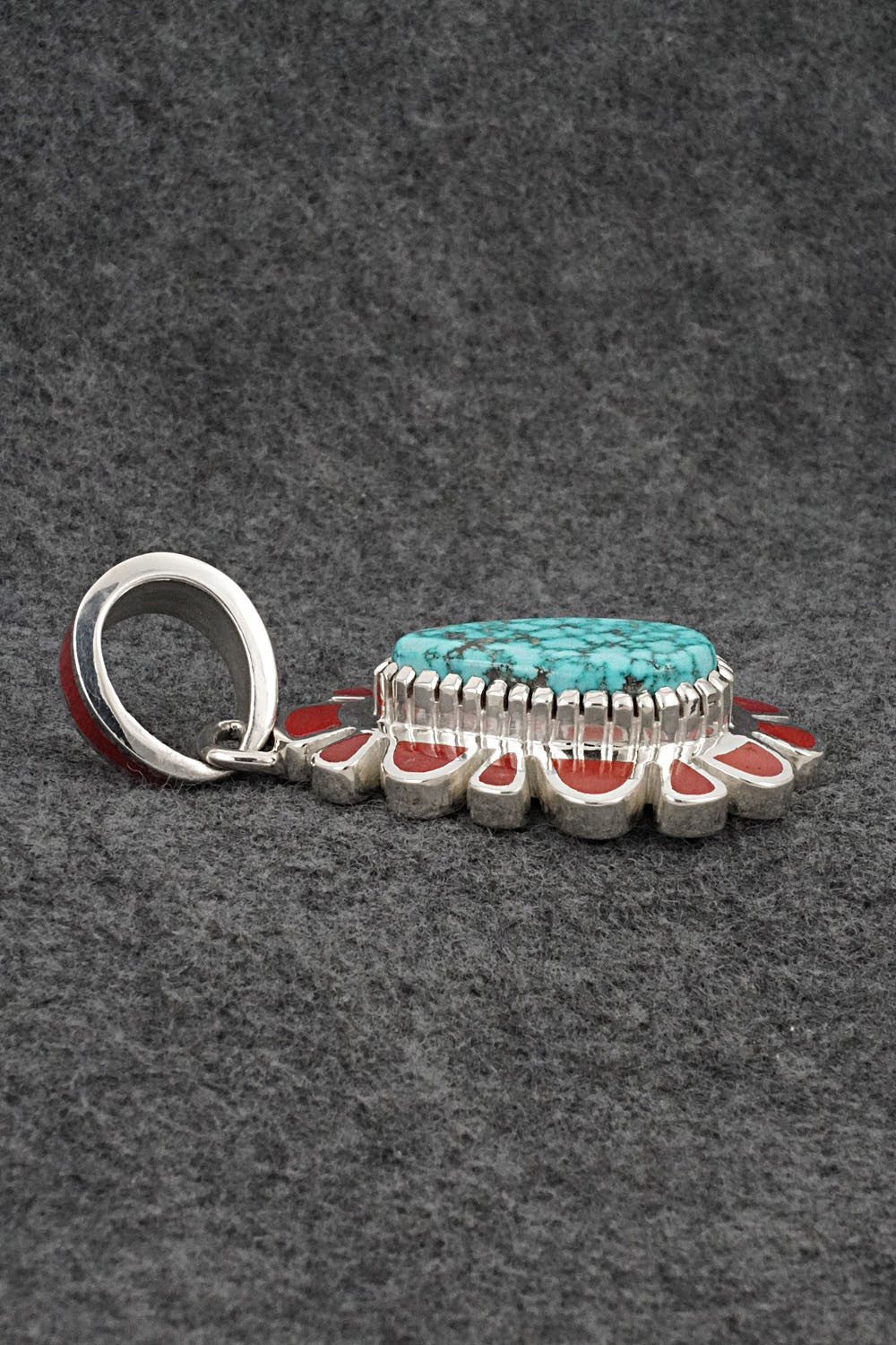 Turquoise, Coral & Sterling Silver Pendant - Vernon Haskie