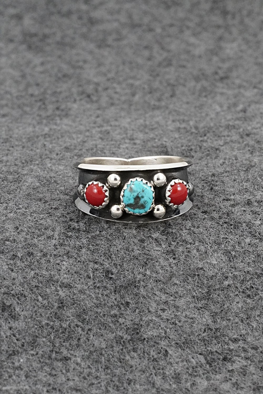 Turquoise, Coral & Sterling Silver Ring - Paul Largo - Size 11.5