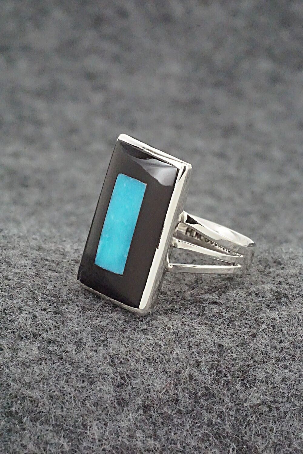 Turquoise, Onyx & Sterling Silver Ring - Harlan Coonsis - Size 8