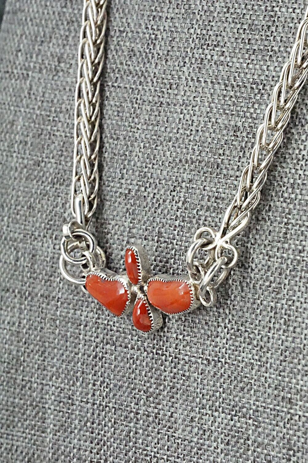 Coral & Sterling Silver Necklace and Earrings Set - Smokey Gchachu