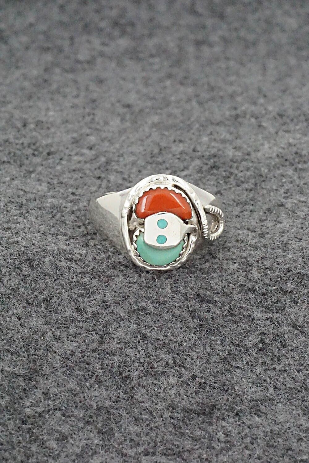 Turquoise, Coral & Sterling Silver Ring - Joy Calavaza - Size 8.5