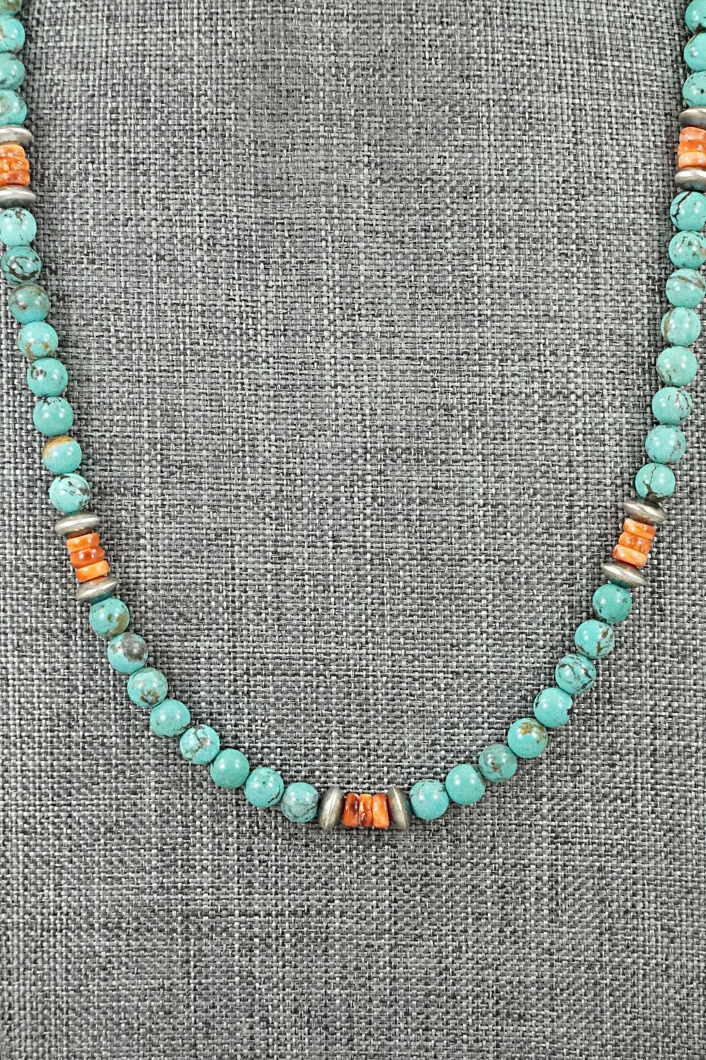 Turquoise, Spiny Oyster & Sterling Silver Necklace 20" - Doreen Jake