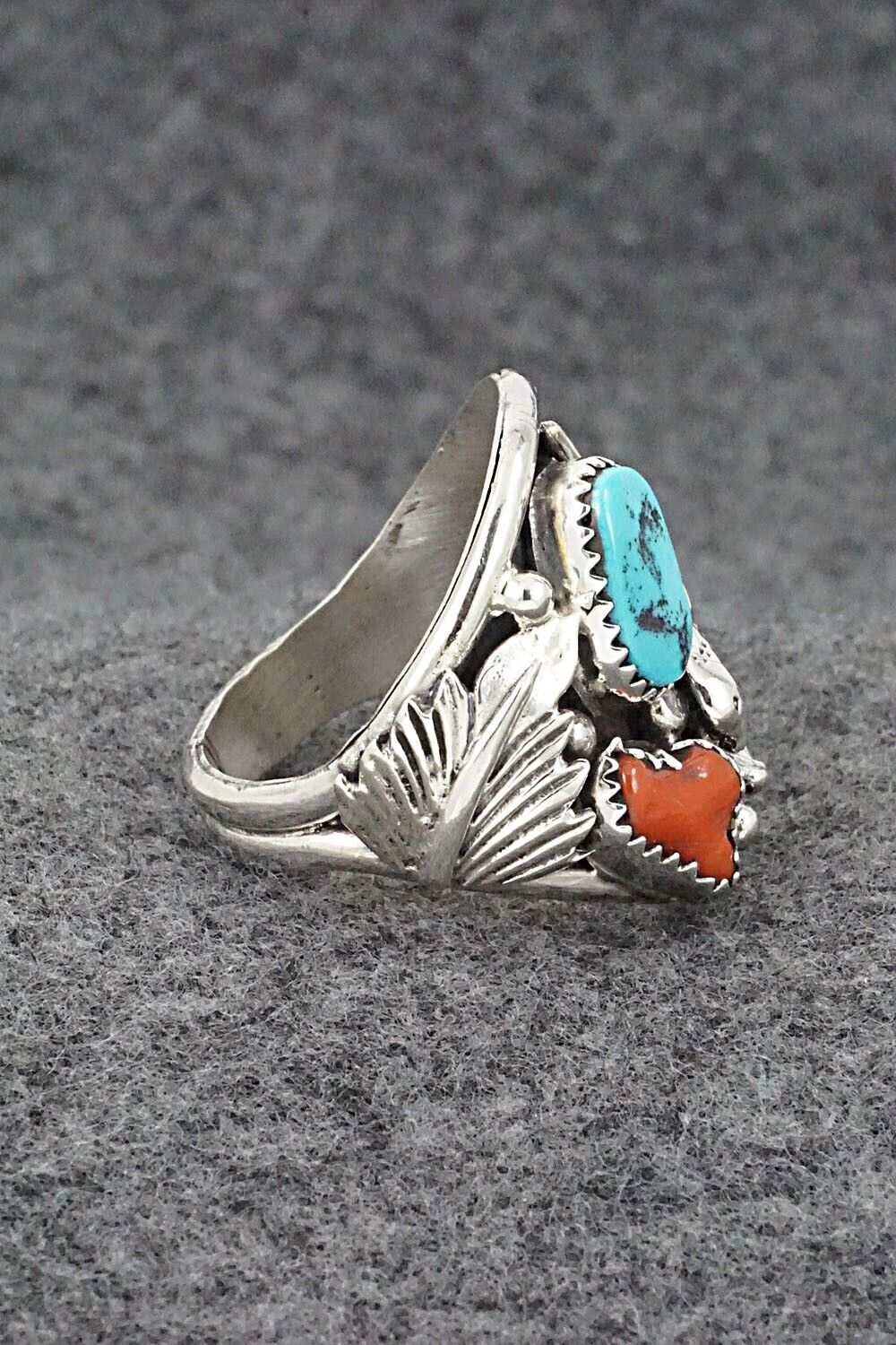Turquoise, Coral & Sterling Silver Ring - Jeannette Saunders - Size 11.75