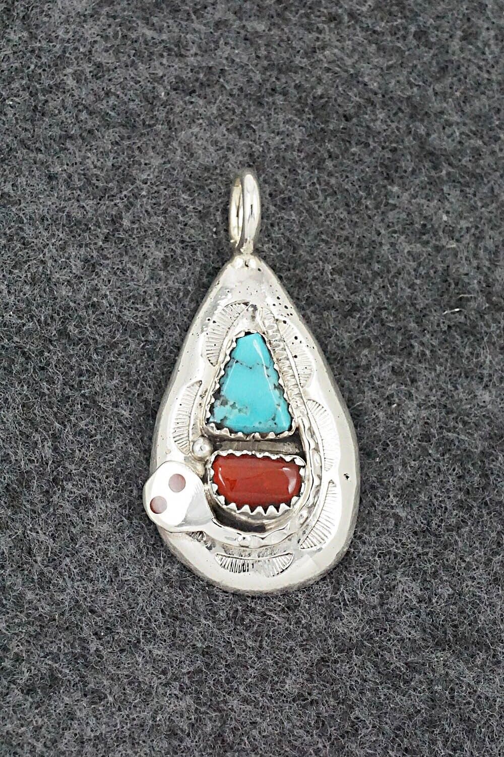 Turquoise, Coral & Sterling Silver Pendant - Joy Calavaza