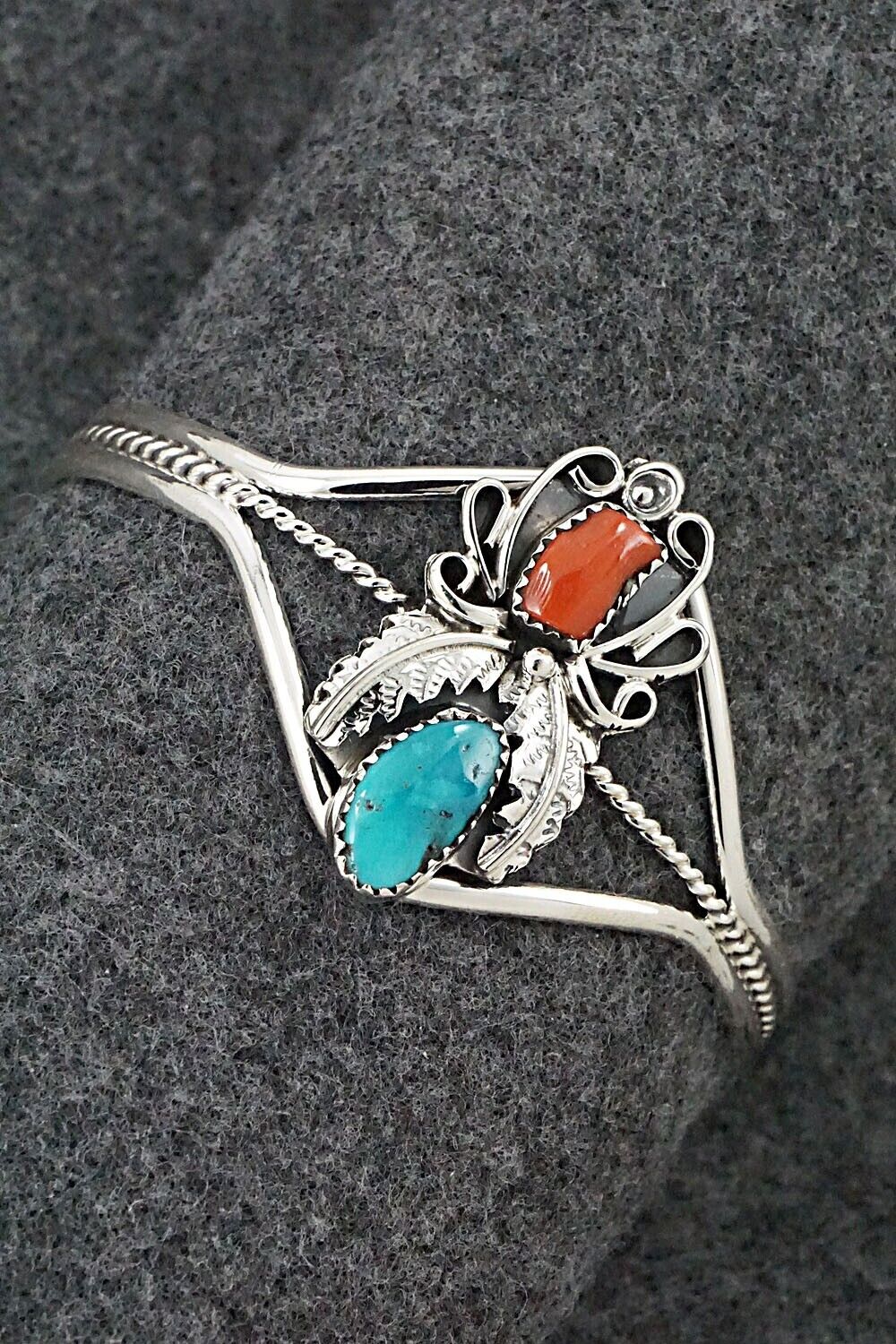 Turquoise, Coral & Sterling Silver Bracelet - Harry B. Yazzie