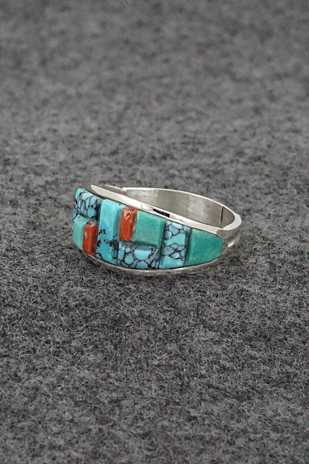 Turquoise, Coral & Sterling Silver Ring - Edison Yazzie - Size 10.5