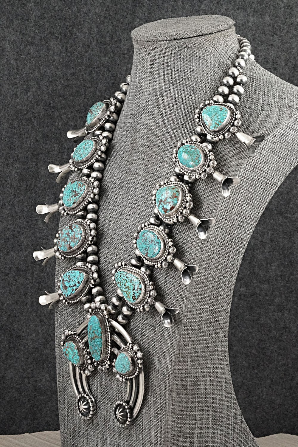 Turquoise & Sterling Silver Squash Blossom Necklace - Tom Lewis