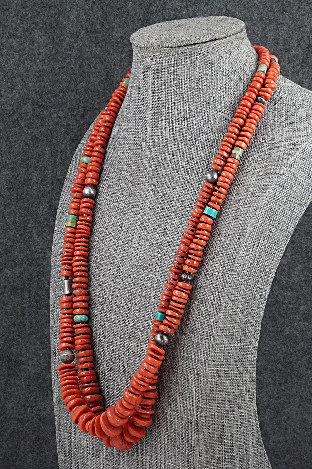 Coral, Turquoise & Sterling Silver Necklace 36" - Helen Tsosie