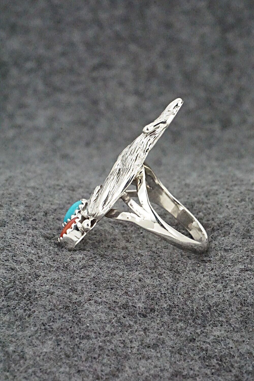Turquoise, Coral & Sterling Silver Ring - Jerryson Henio - Size 8.5