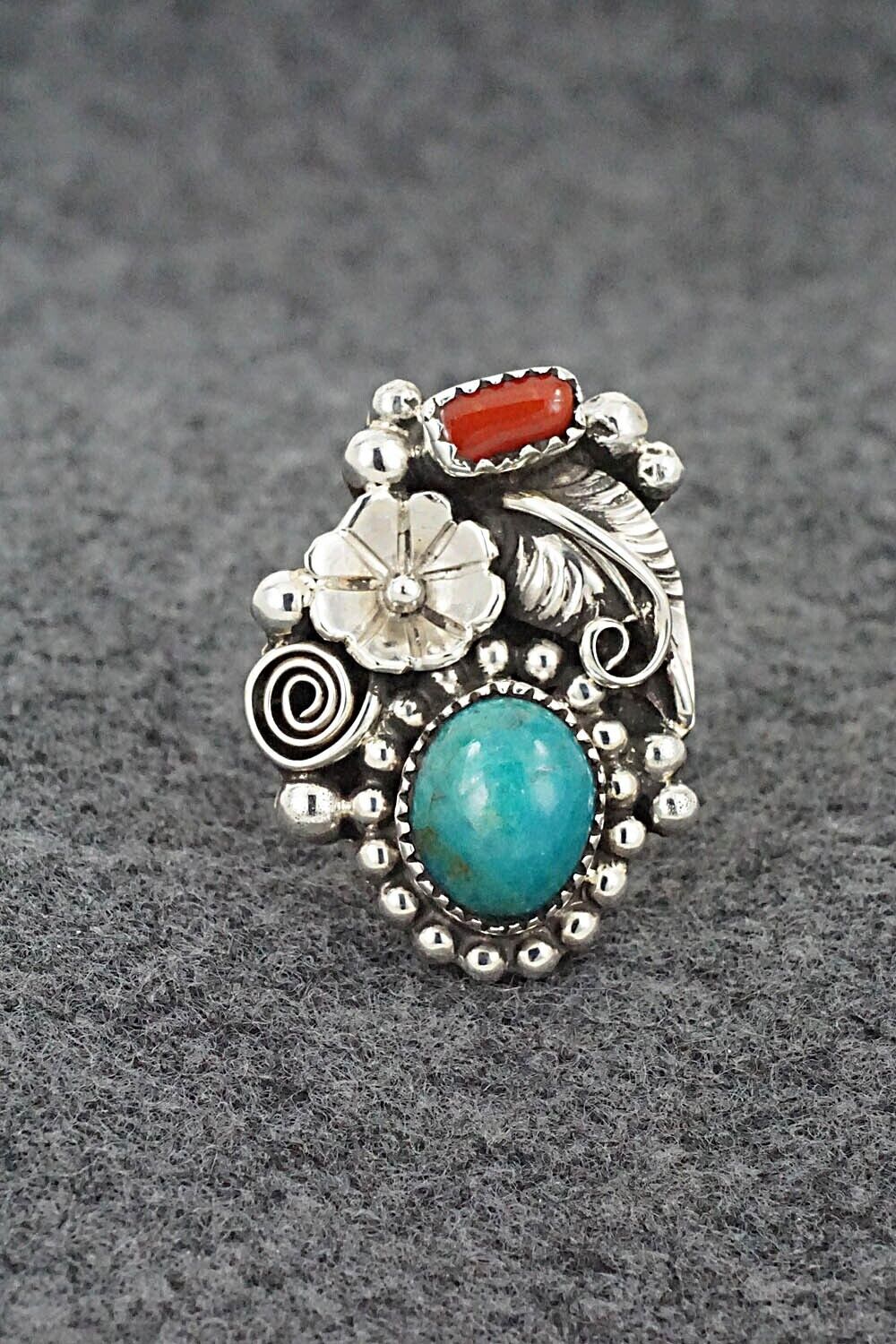 Turquoise, Coral & Sterling Silver Ring - Sandra Parkett - Size 7