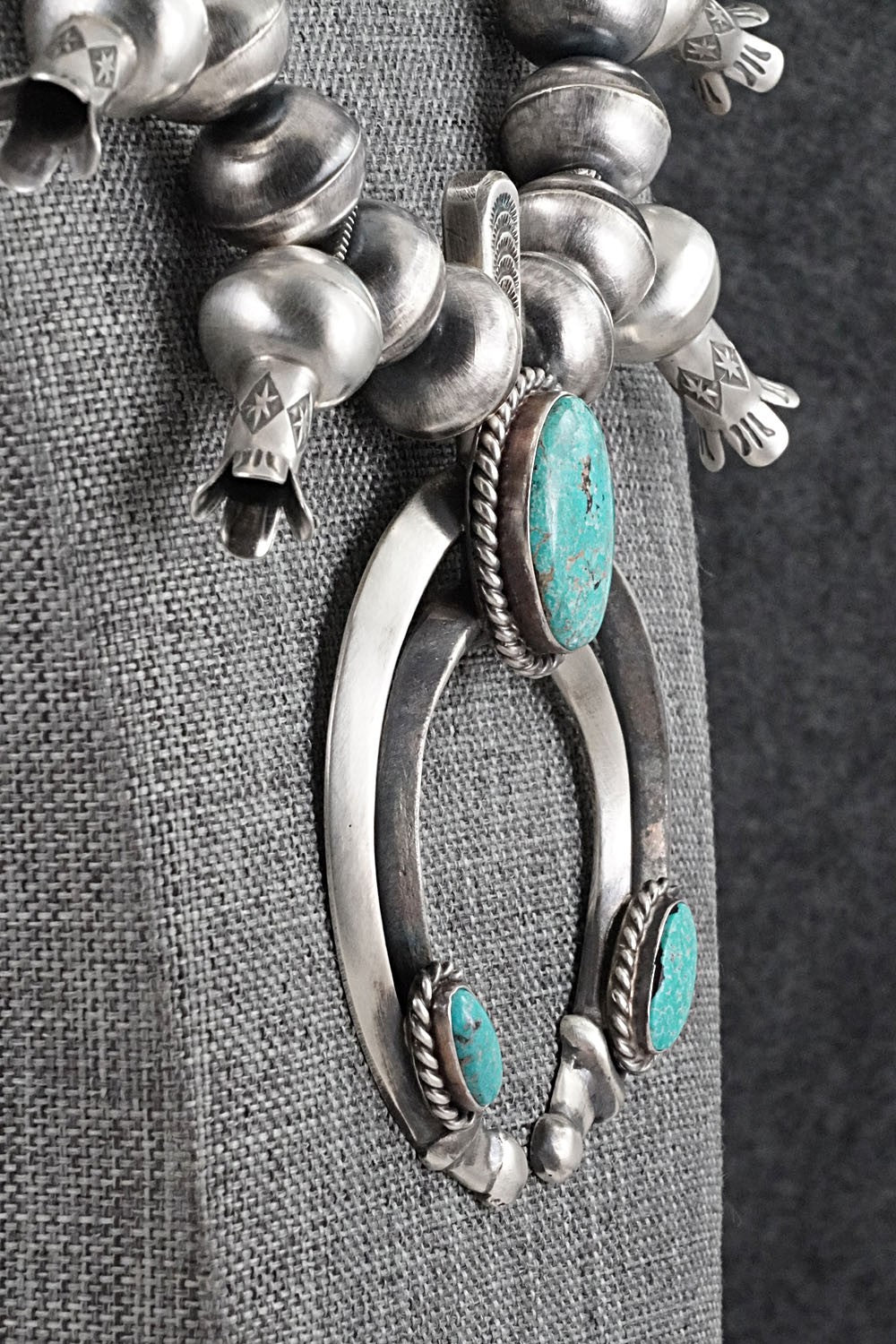 Turquoise & Sterling Silver Navajo Pearl Squash Blossom Necklace - Chris Hale