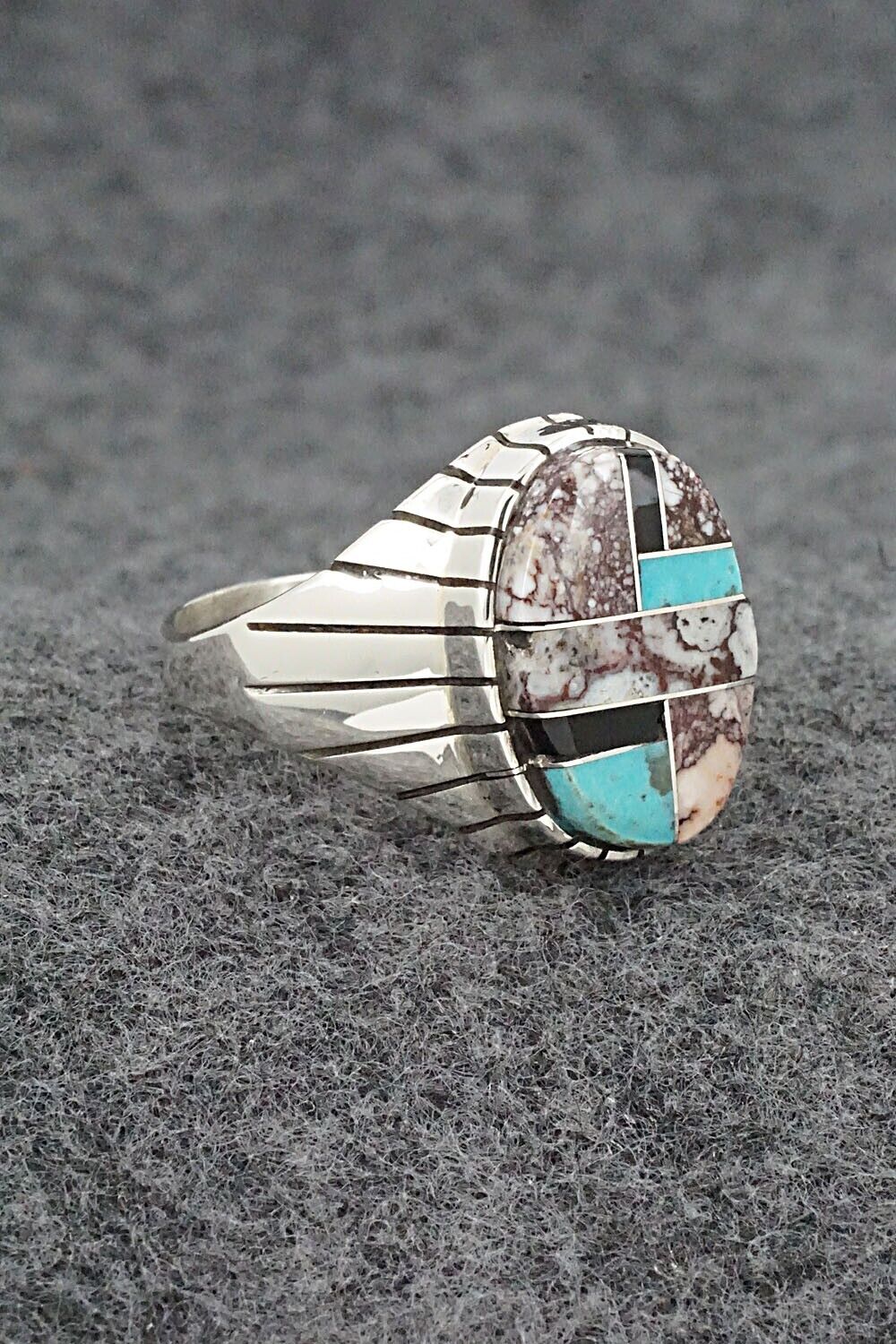 Wild Horse, Turquoise, Onyx & Sterling Silver Ring - Trevor Jack - Size 13