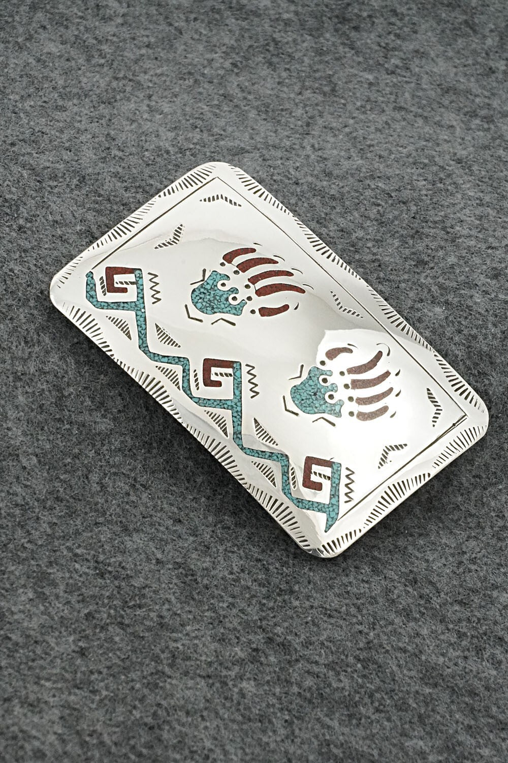 Turquoise, Coral Chip Inlay & Sterling Silver Belt Buckle - Raymond Begay
