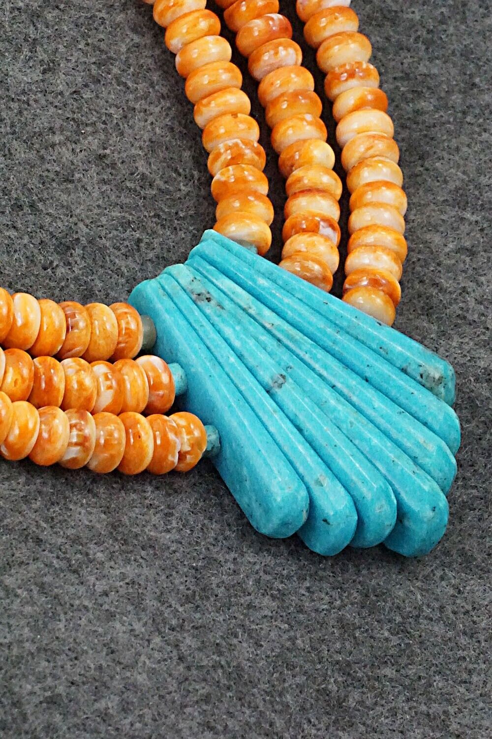 Turquoise, Spiny Oyster and Sterling Silver Necklace - Lupe Lovato