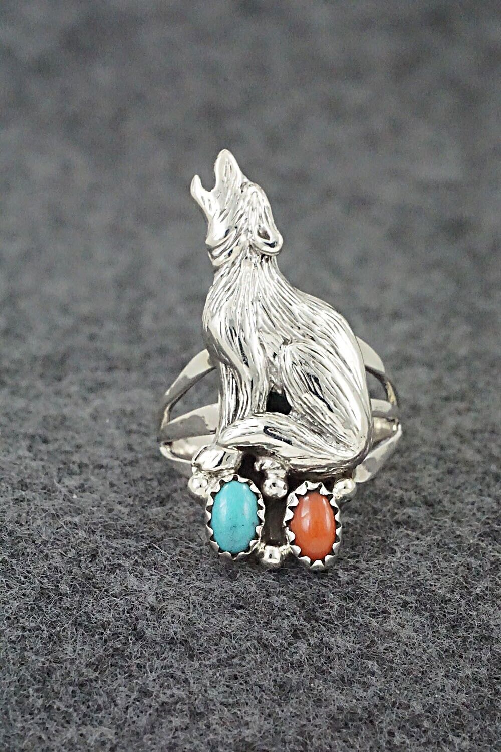 Turquoise, Coral & Sterling Silver Ring - Jerryson Henio - Size 7