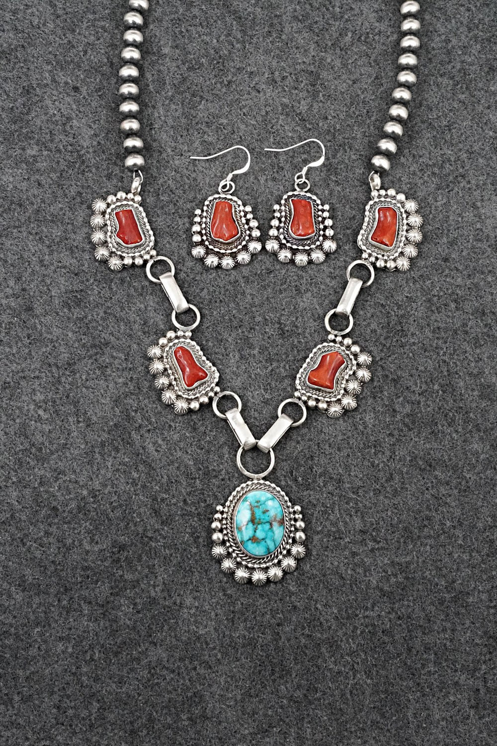 Turquoise, Coral & Sterling Silver Necklace and Earrings Set - Tom Lewis