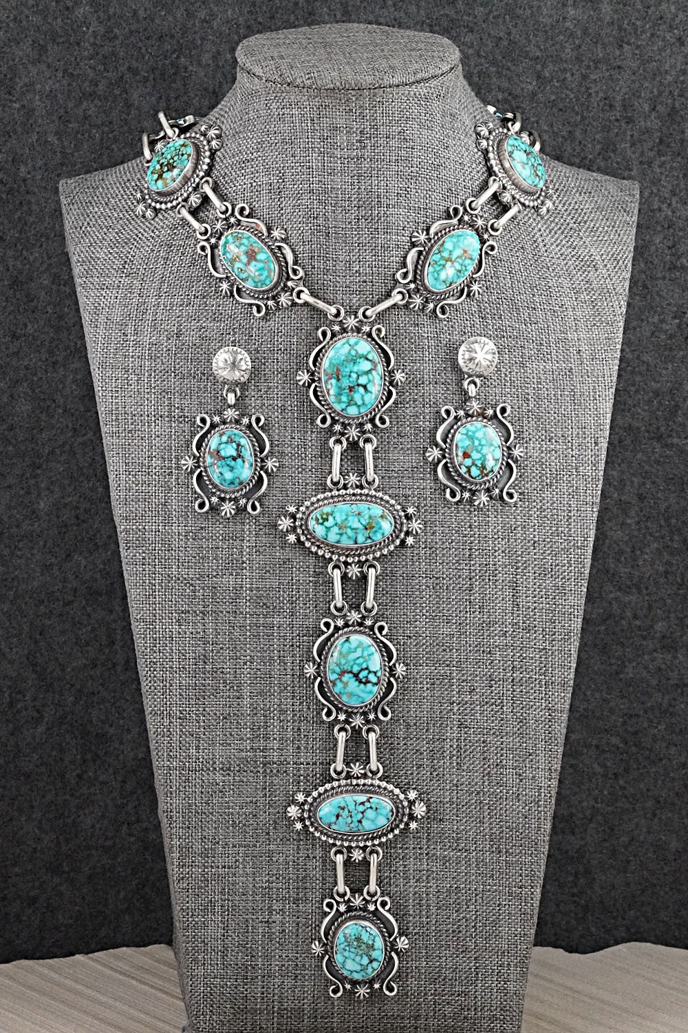 Turquoise & Sterling Silver Necklace and Earrings Set - Raymond Delgarito