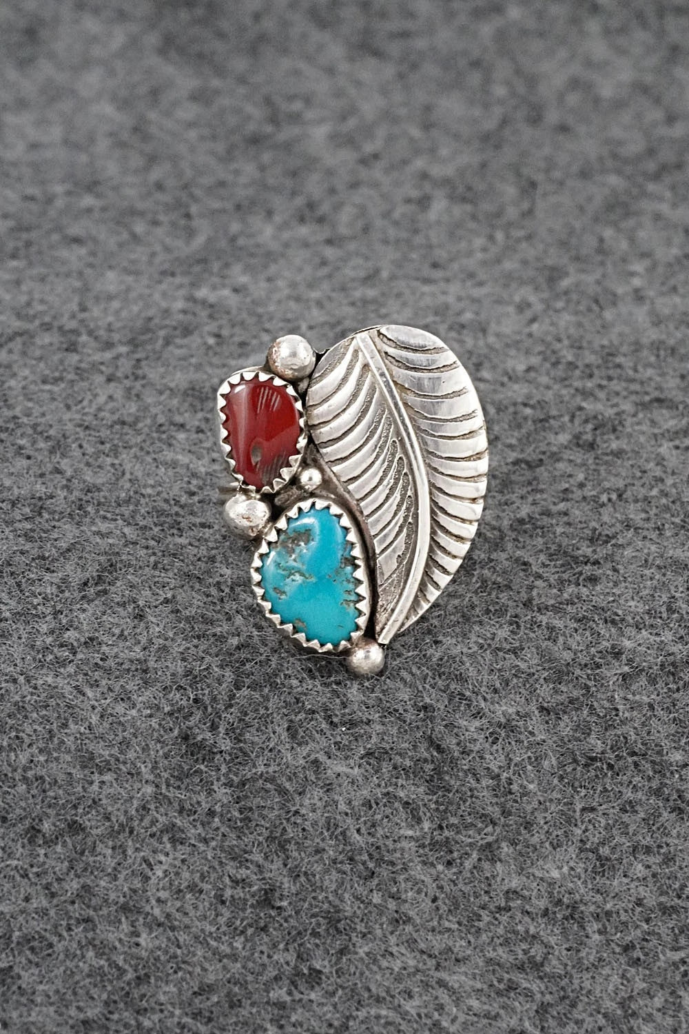 Turquoise, Coral & Sterling Silver Ring - Priscilla Reeder - Size 8