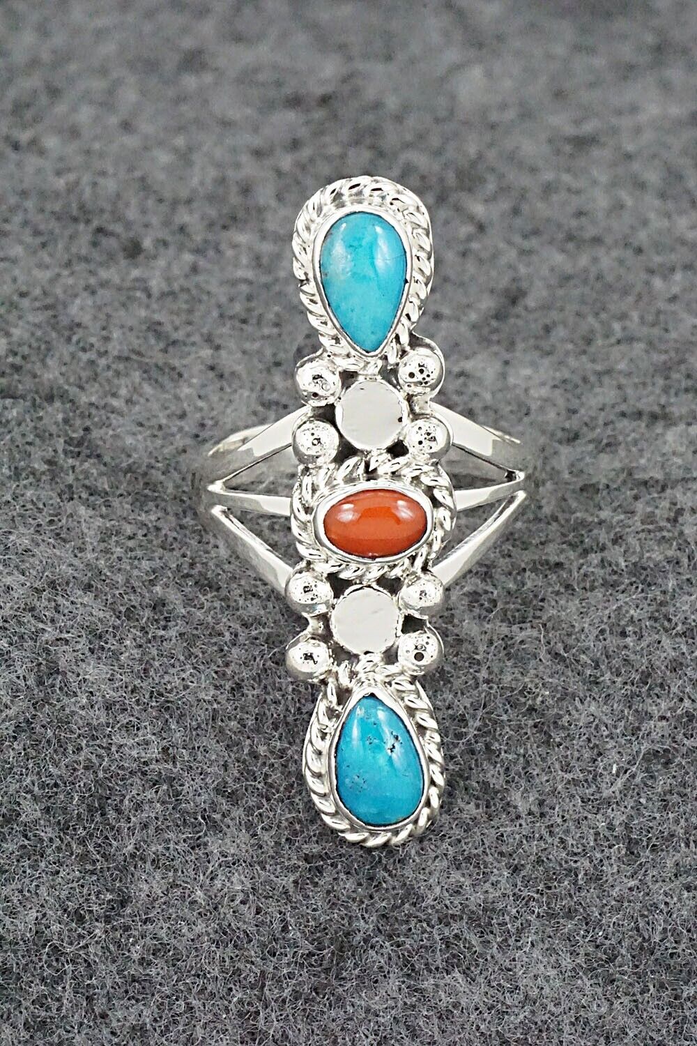 Turquoise, Coral & Sterling Silver Ring - Andrew Vandever - Size 8