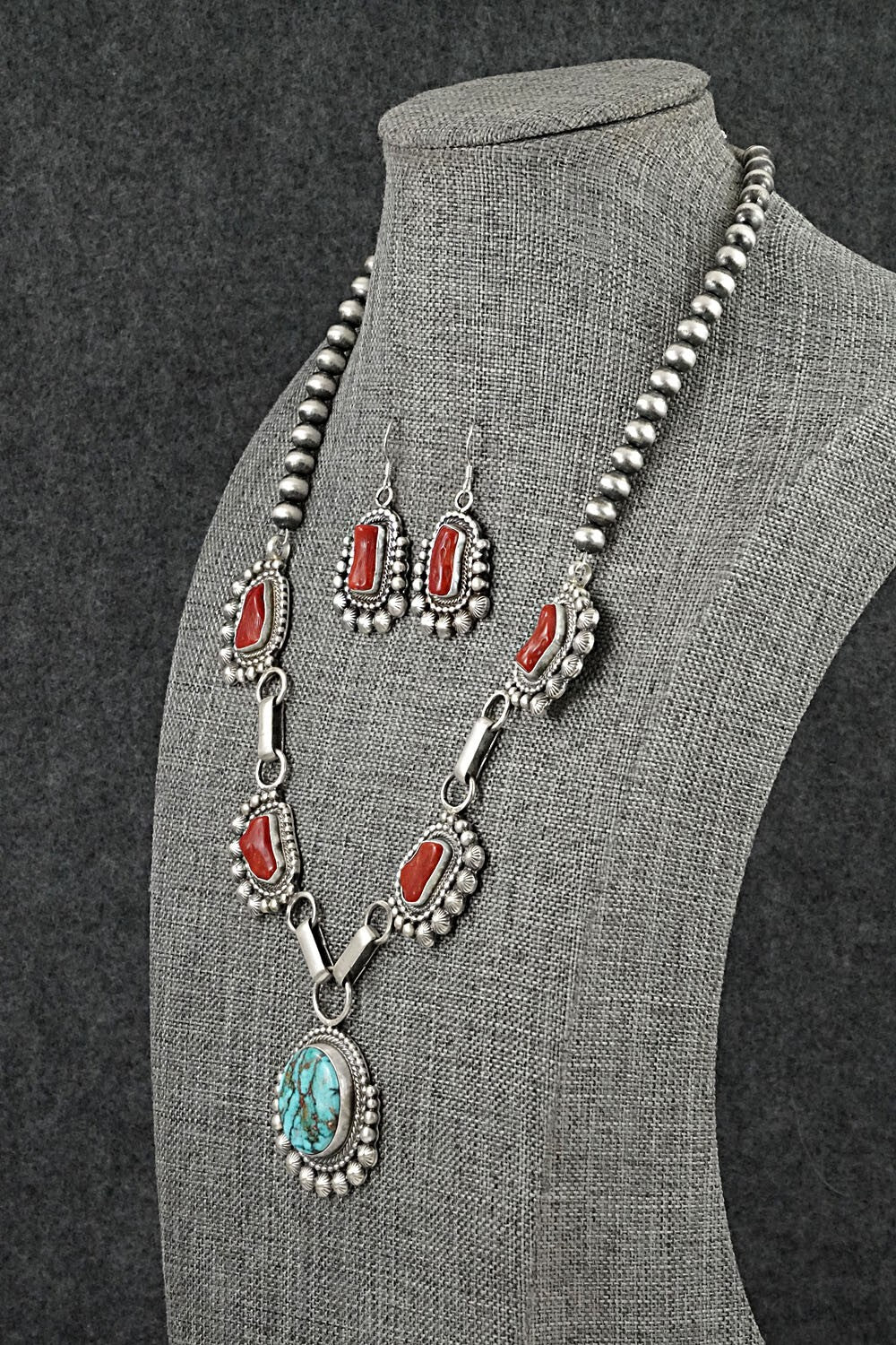 Turquoise, Coral & Sterling Silver Necklace and Earrings Set - Tom Lewis