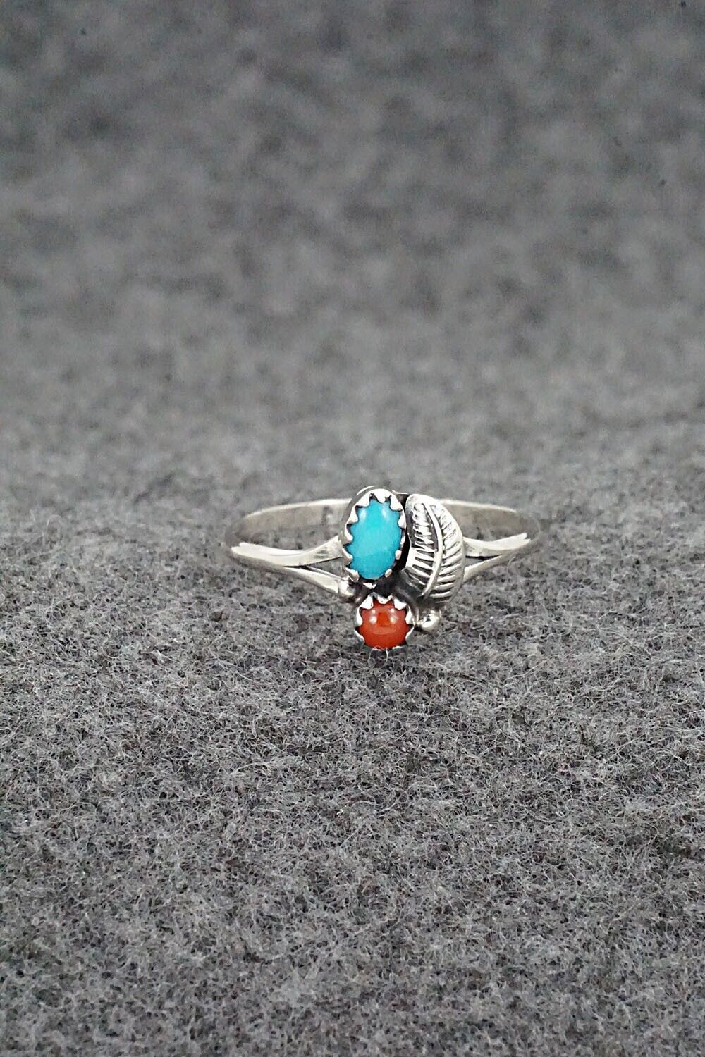 Turquoise, Coral & Sterling Silver Ring - Betty Hawthorne - Size 6.75