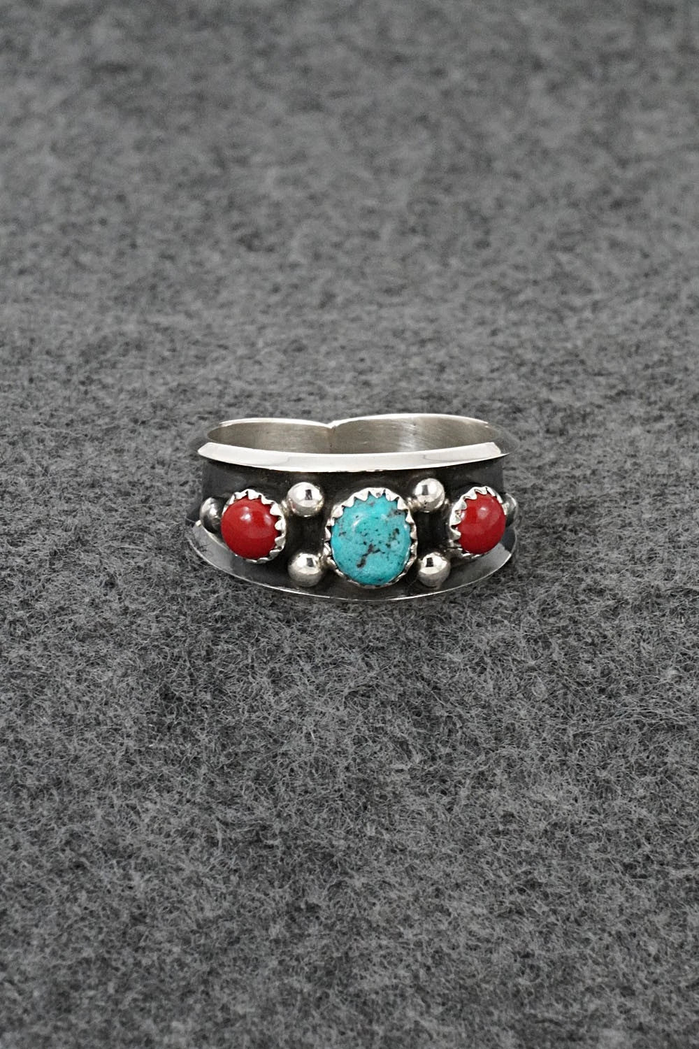 Turquoise, Coral & Sterling Silver Ring - Paul Largo - Size 13