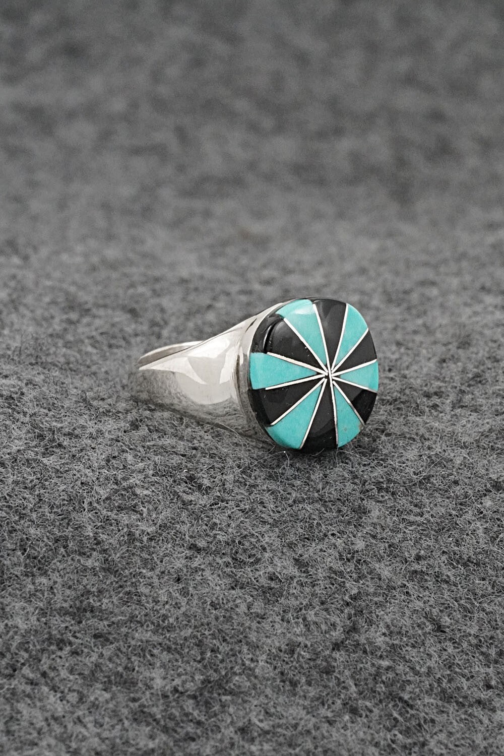 Turquoise, Onyx & Sterling Silver Inlay Ring - Johnson Laweka - Size 5.5