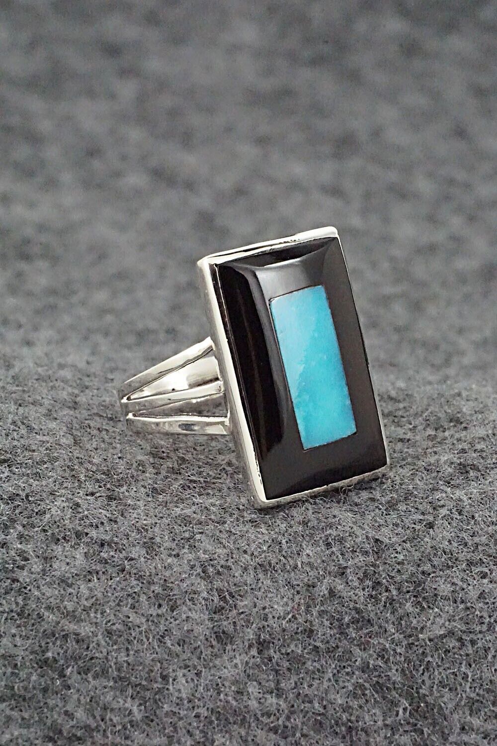 Turquoise, Onyx & Sterling Silver Ring - Harlan Coonsis - Size 8