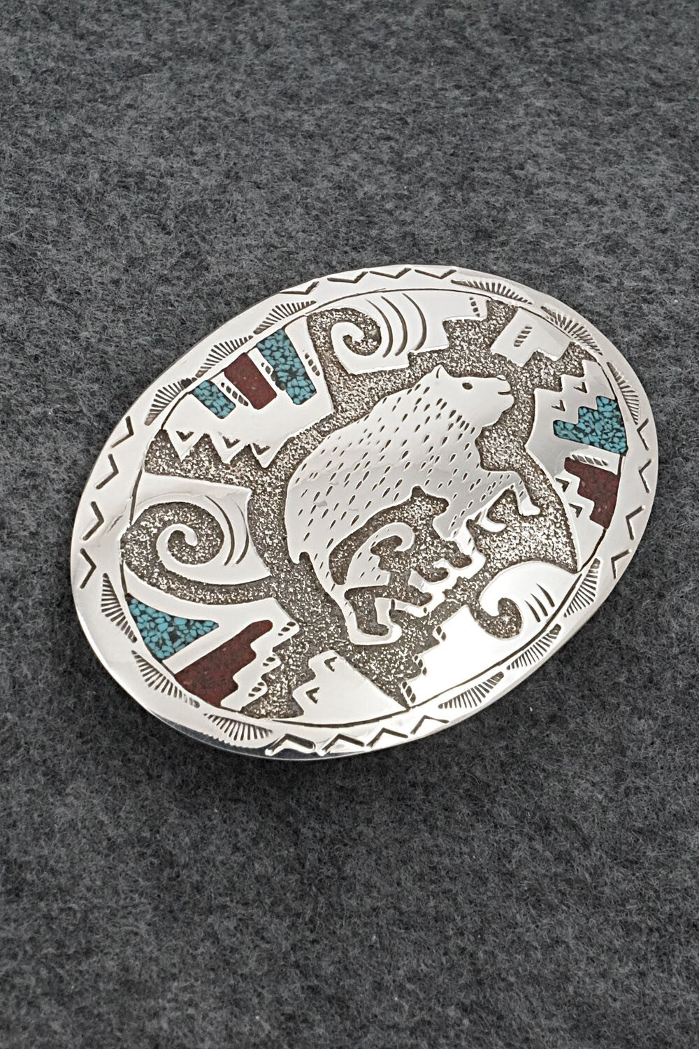 Turquoise, Coral Chip Inlay & Sterling Silver Belt Buckle - Raymond Begay