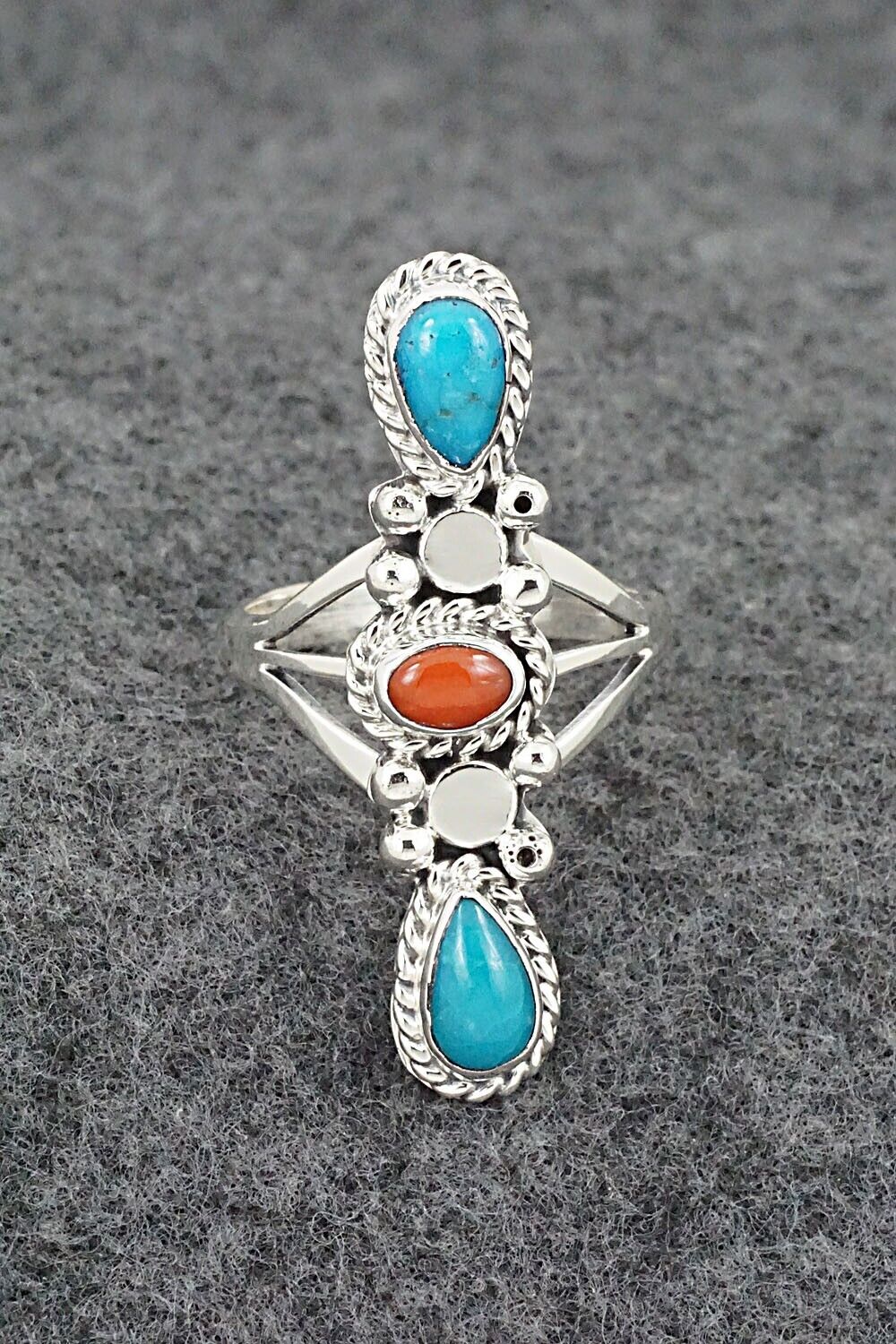 Turquoise, Coral & Sterling Silver Ring - Andrew Vandever - Size 9
