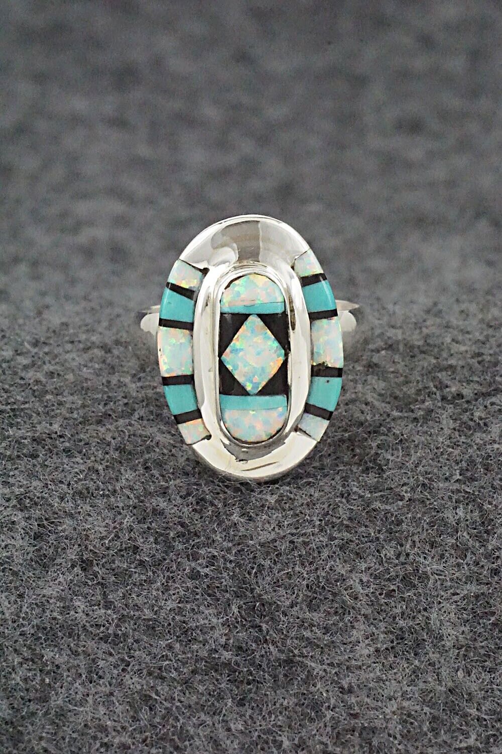 Turquoise, Onyx, Opalite & Sterling Silver Ring - Ophelia Panteah - Sz. 8