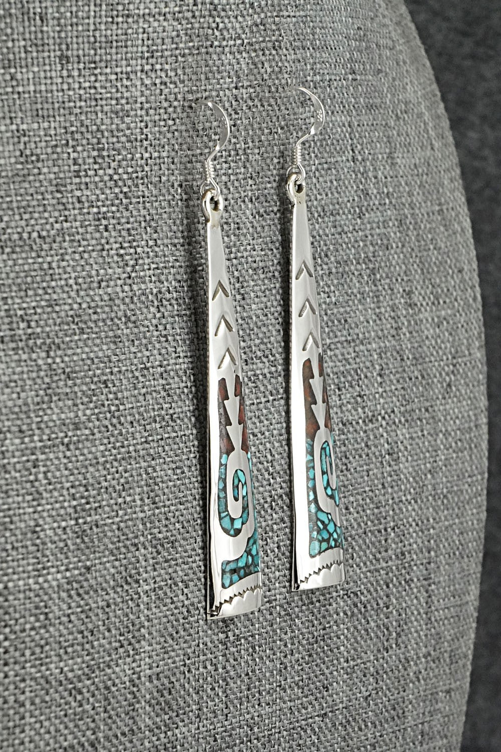 Turquoise, Coral Chip & Sterling Silver Earrings - Joleen Yazzie