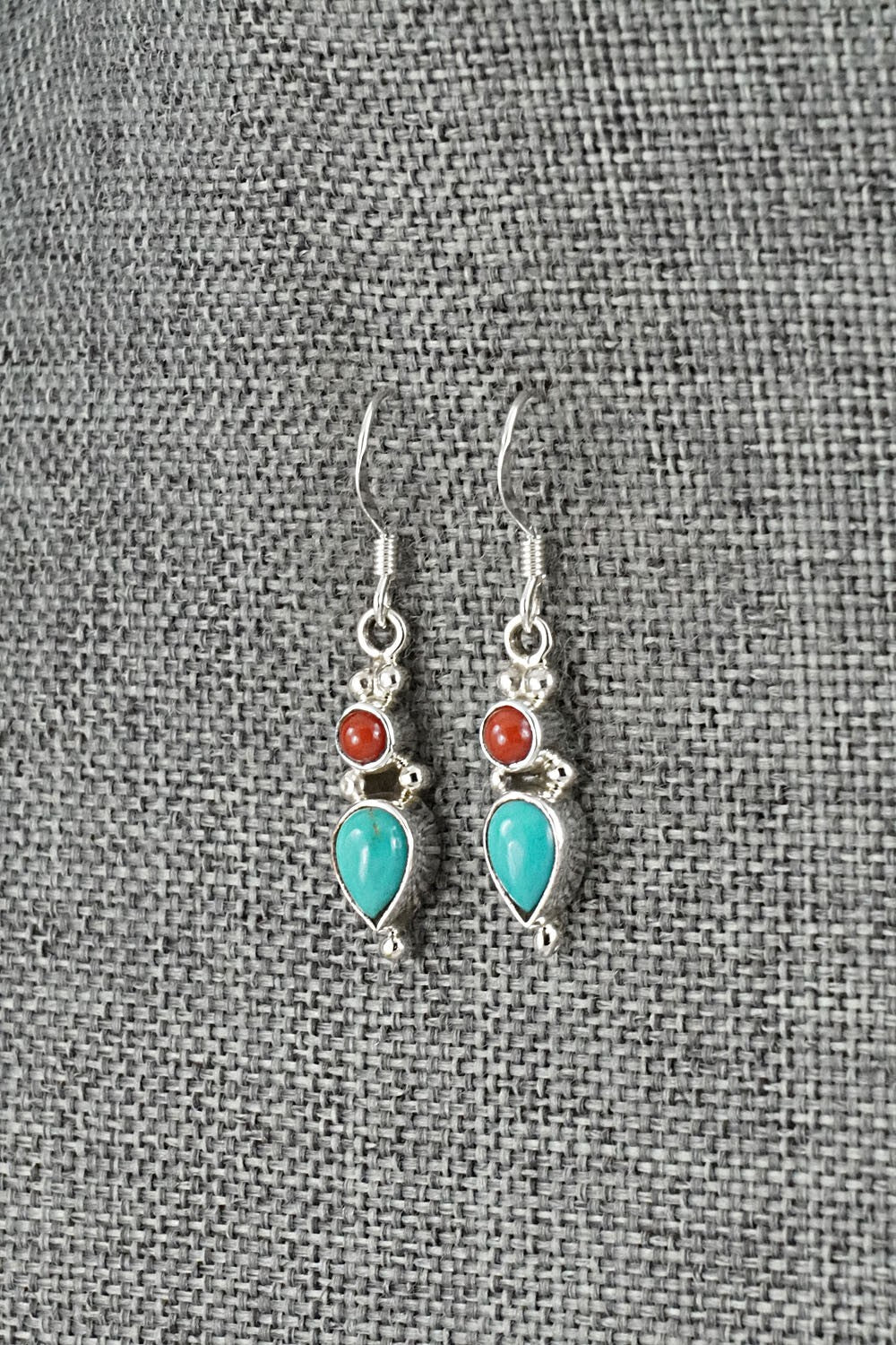 Turquoise, Coral & Sterling Silver Earrings - Gary Shorty