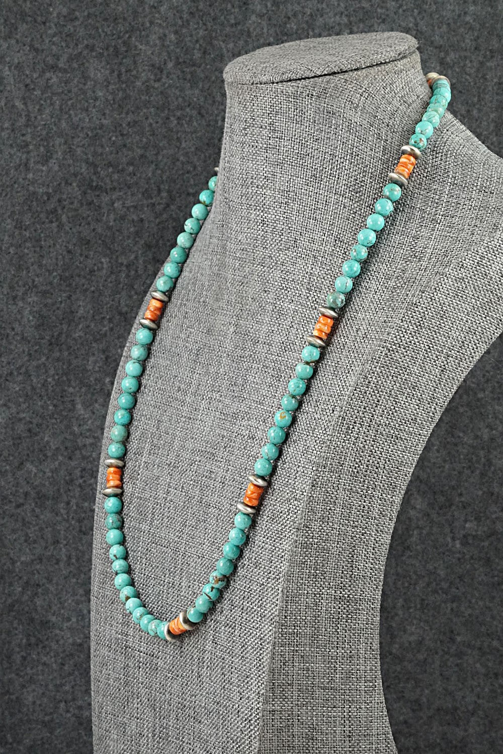 Turquoise, Spiny Oyster & Sterling Silver Necklace 20" - Doreen Jake