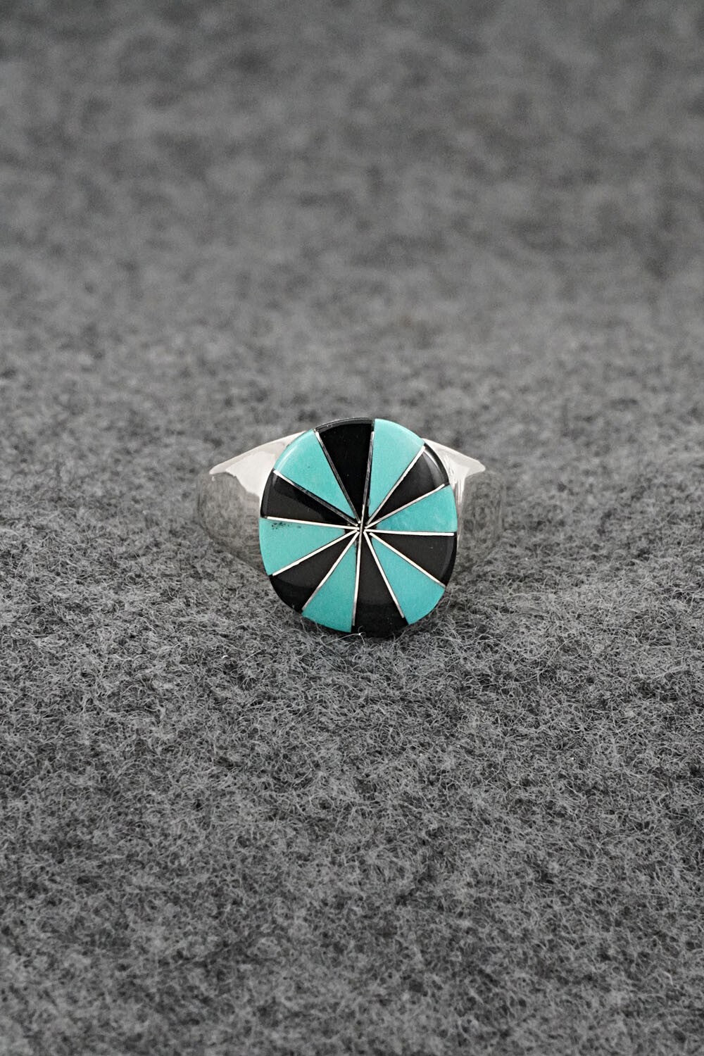 Turquoise, Onyx & Sterling Silver Inlay Ring - Johnson Laweka - Size 6.5