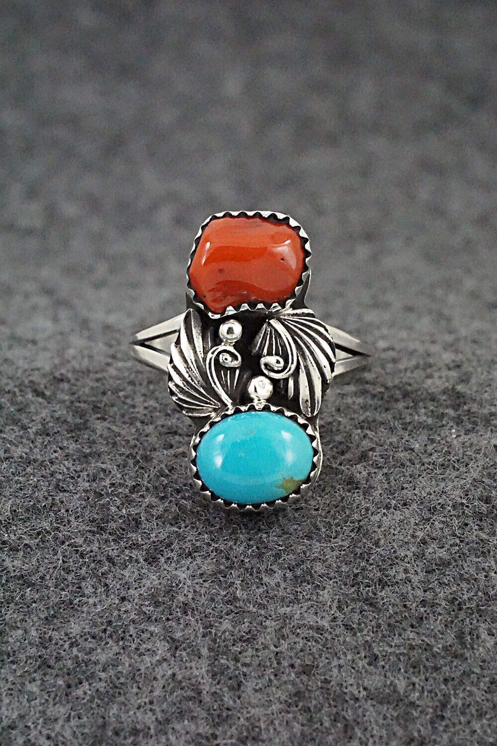 Coral, Turquoise & Sterling Silver Ring - Alice Rose Saunders - Size 8.5