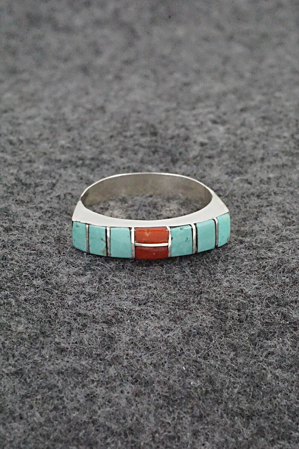 Turquoise, Coral & Sterling Silver Ring - Verna Kanesta - Size 8.75