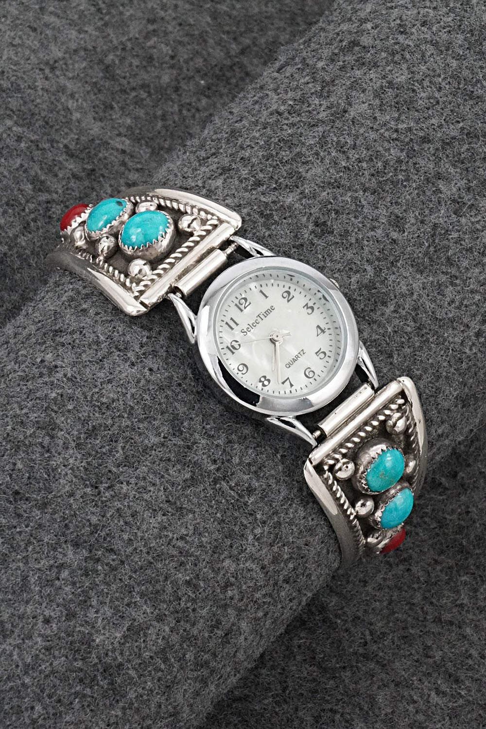 Turquoise, Coral & Sterling Silver Watch Bracelet - Paul Largo