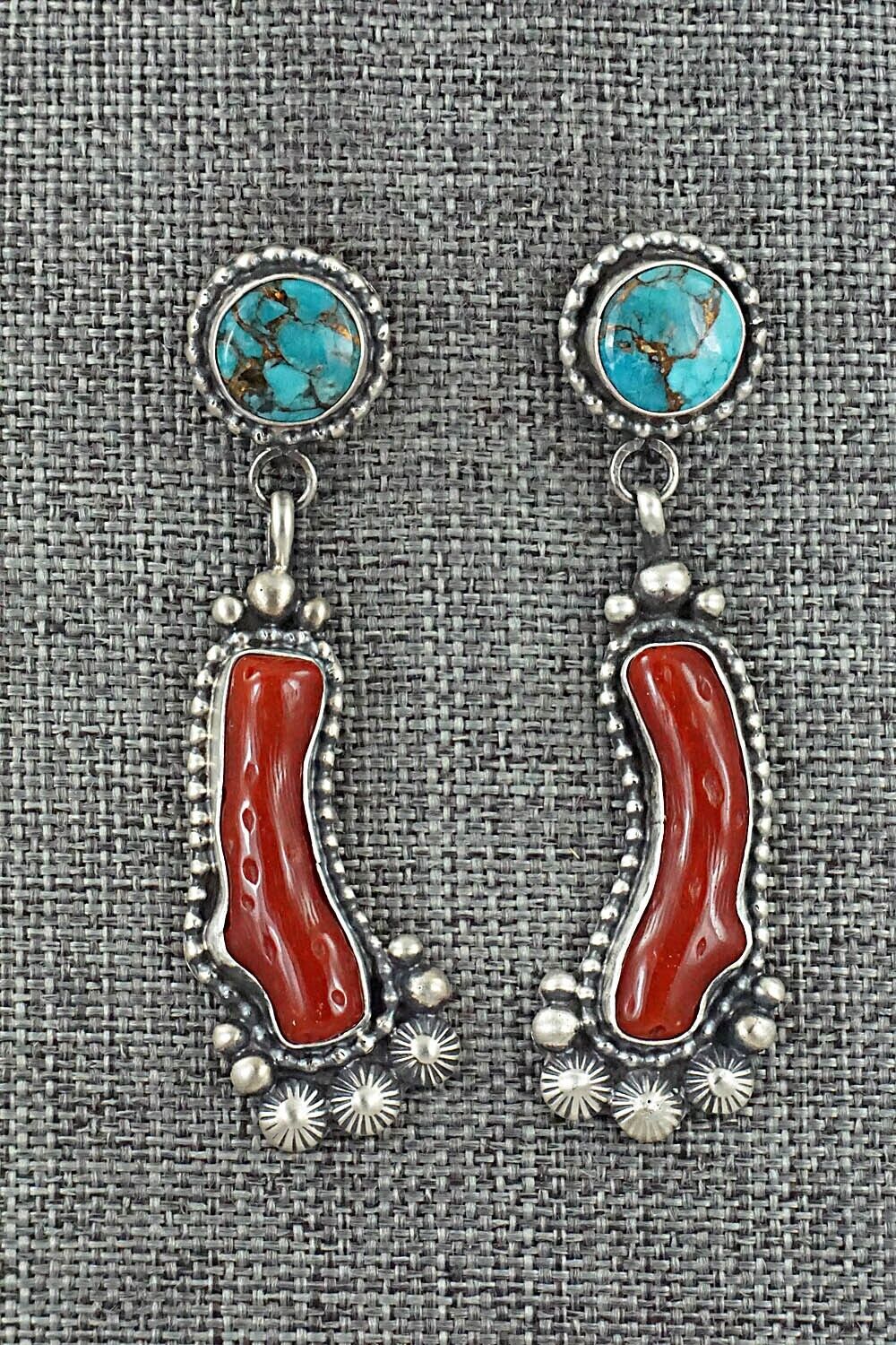 Turquoise, Coral & Sterling Silver Earrings - Tom Lewis
