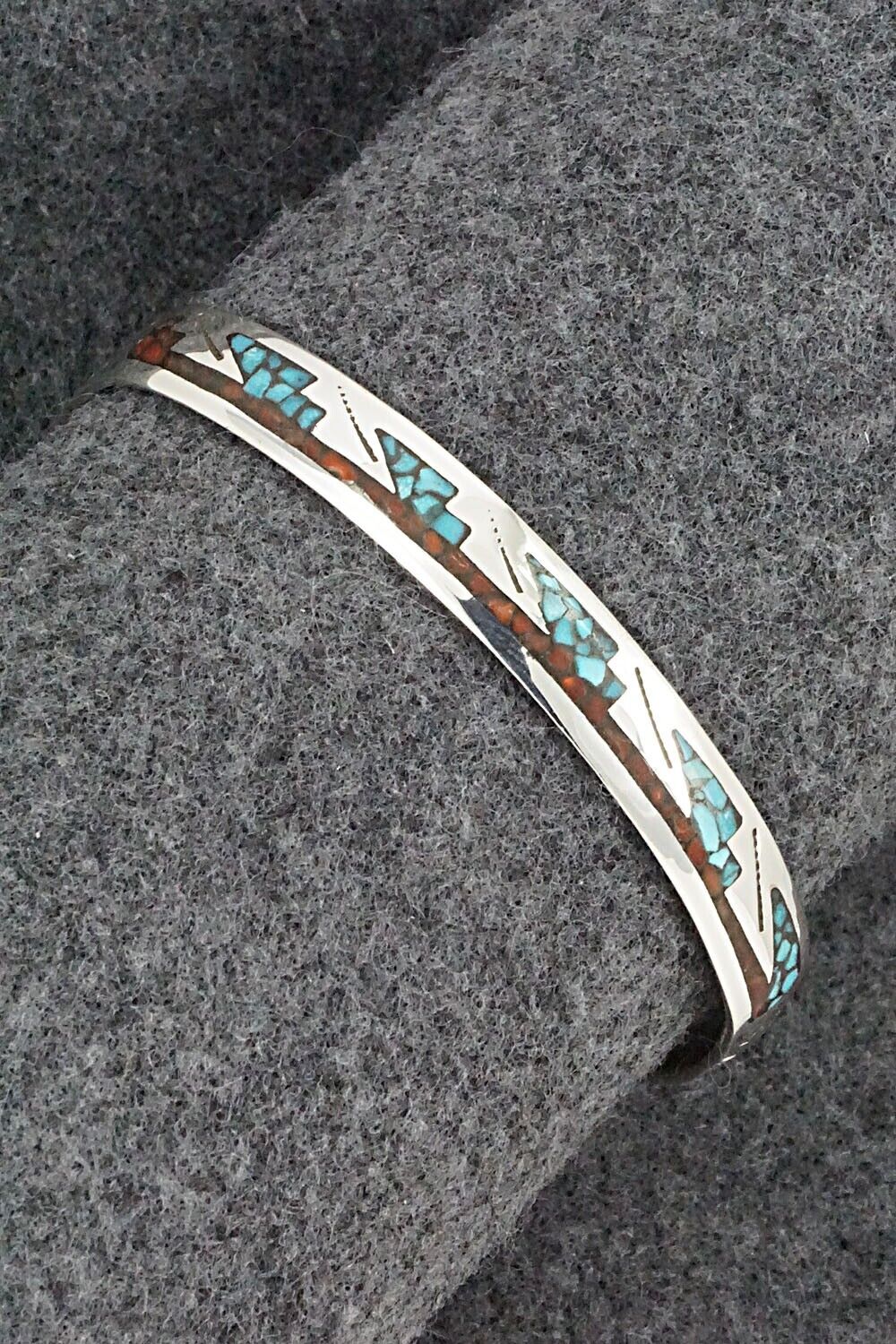 Turquoise, Coral Chip Inlay & Sterling Silver Bracelet - Joleen Yazzie