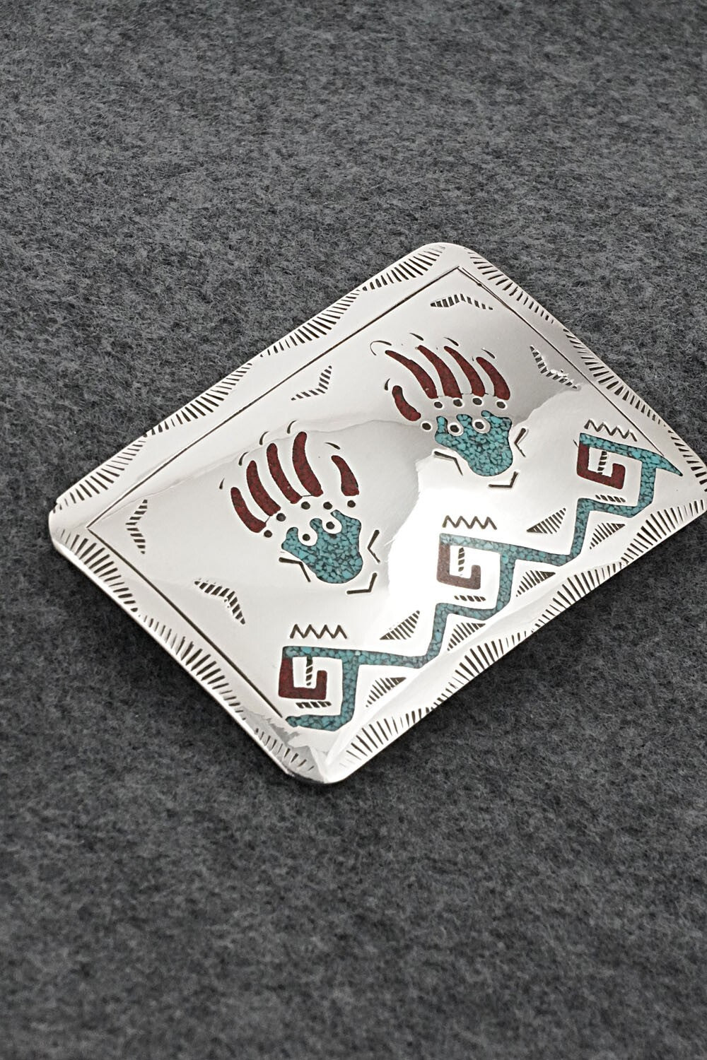 Turquoise, Coral Chip Inlay & Sterling Silver Belt Buckle - Raymond Begay