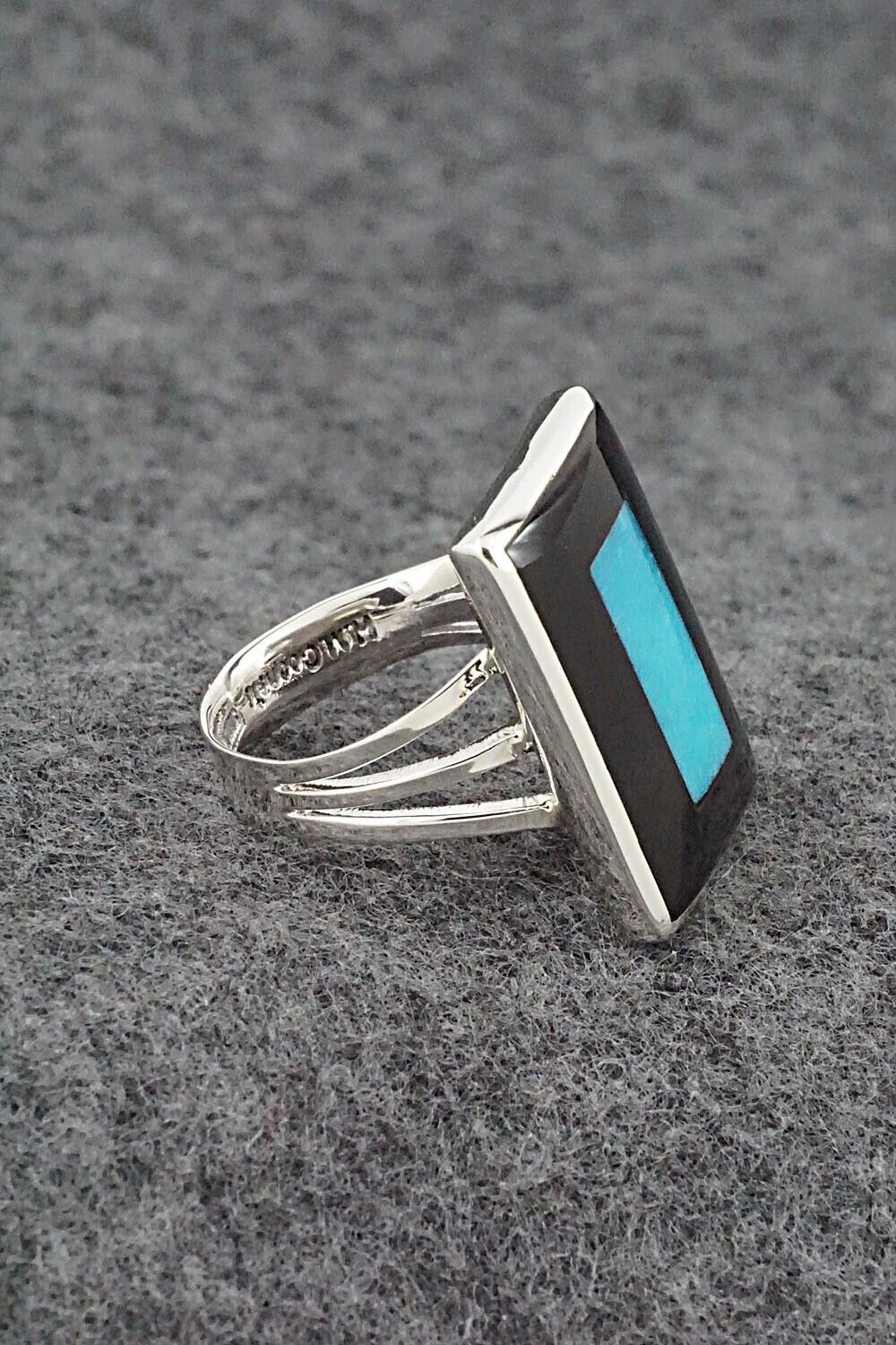 Turquoise, Onyx & Sterling Silver Ring - Harlan Coonsis - Size 6.75