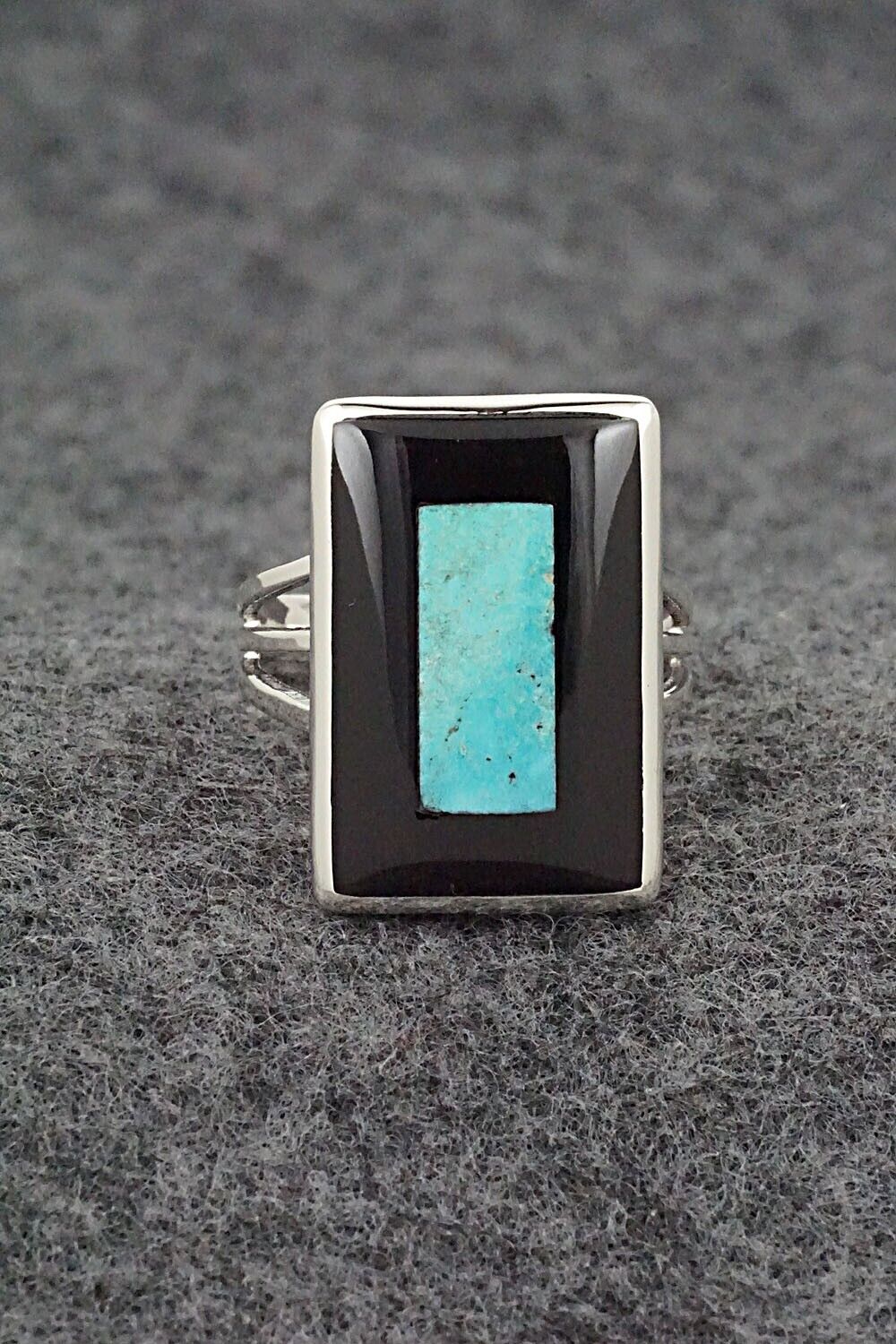 Turquoise, Onyx & Sterling Silver Ring - Harlan Coonsis - Size 8.75