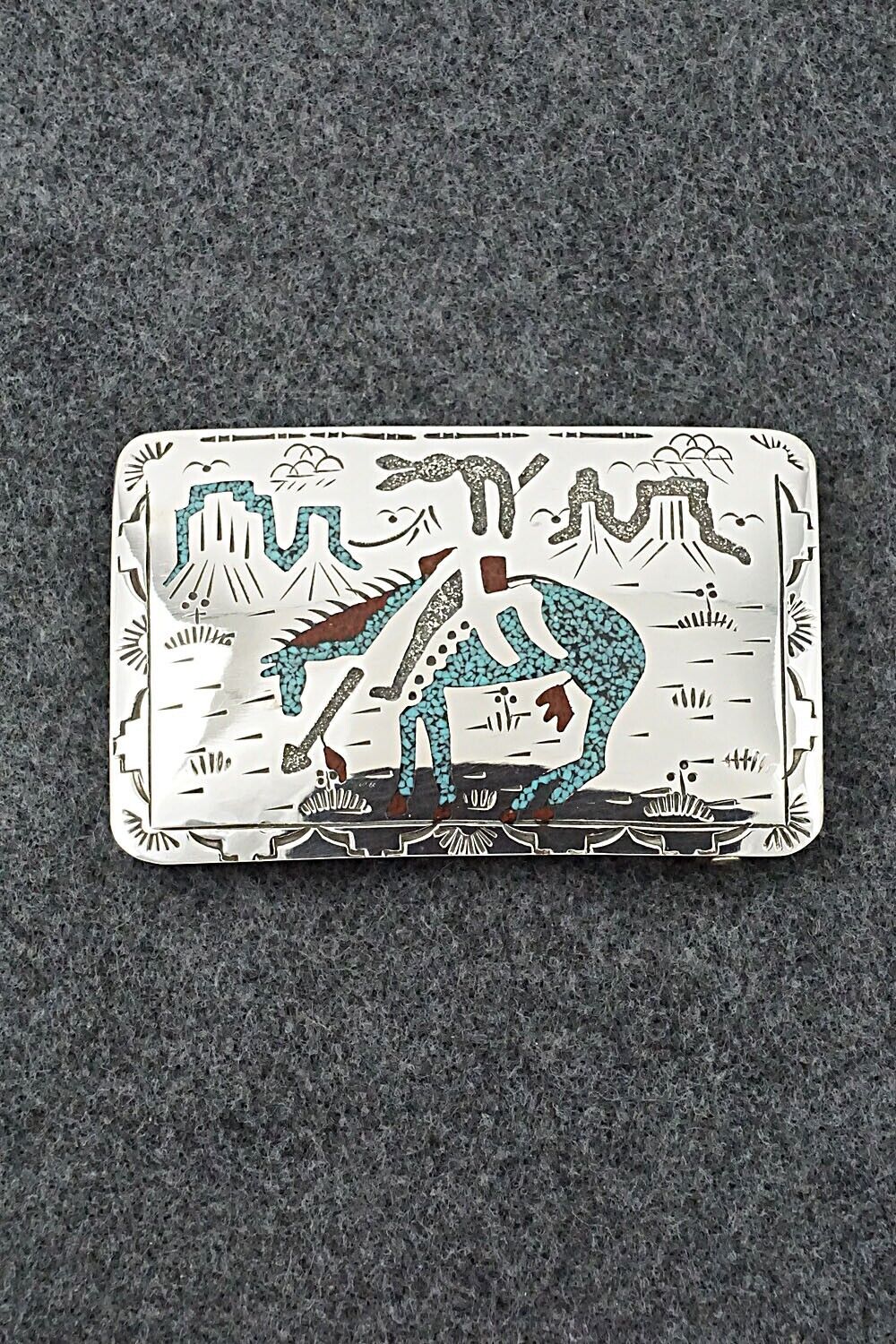 Turquoise, Coral Chip Inlay & Sterling Silver Belt Buckle - Raymond Begay