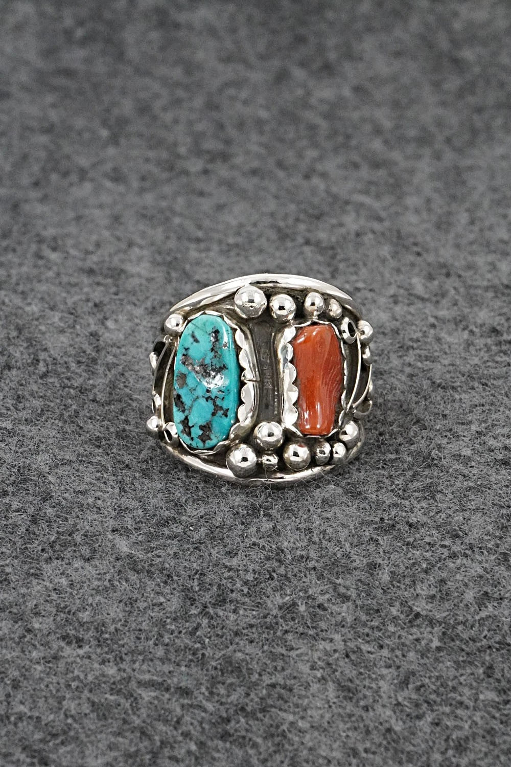 Turquoise, Coral & Sterling Silver Ring - Darrell Morgan - Size 9