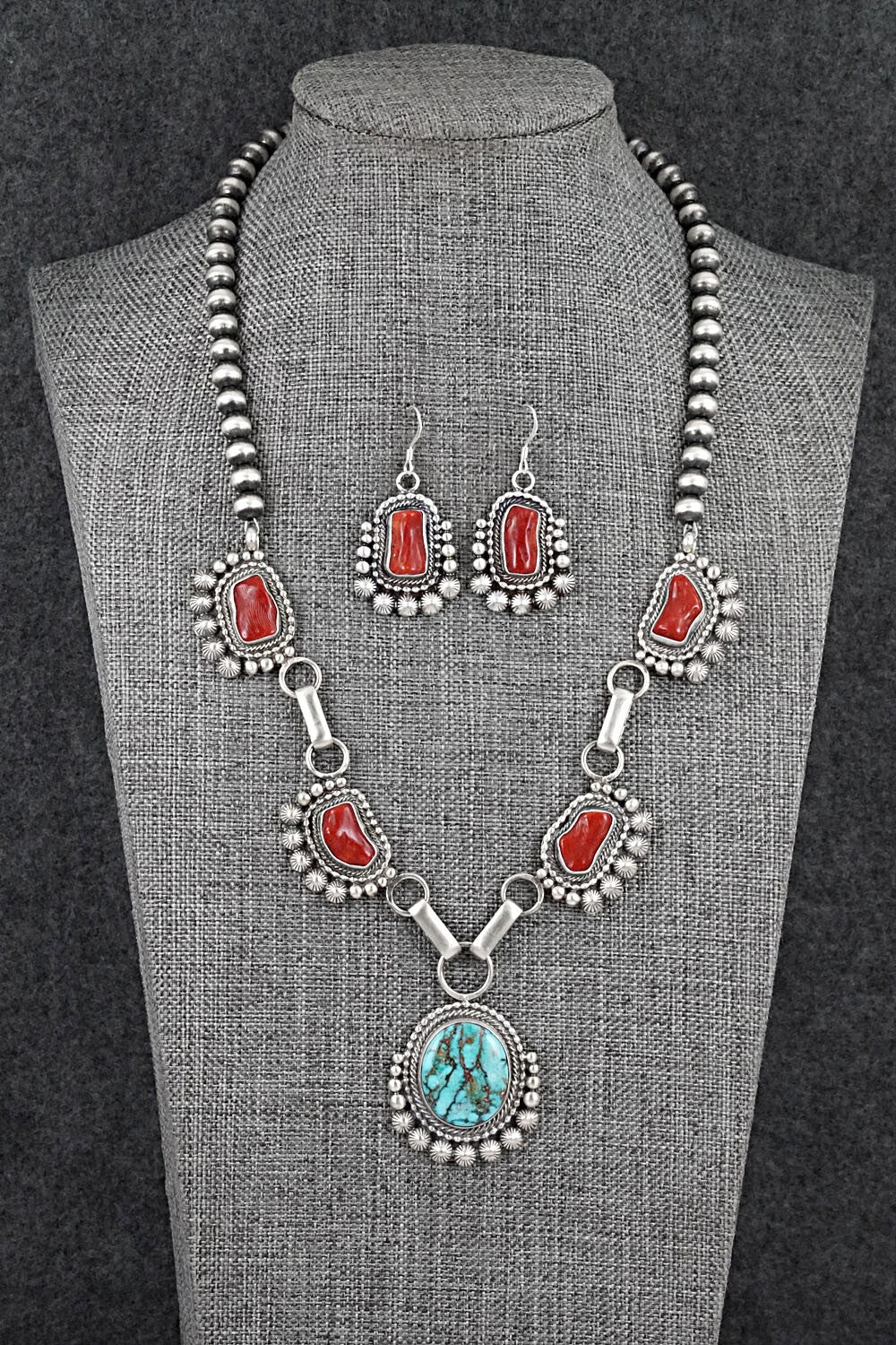 Turquoise, Coral & Sterling Silver Necklace and Earrings Set - Tom Lewis