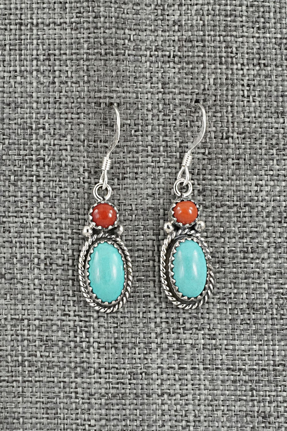 Turquoise, Coral & Sterling Silver Earrings - Verley Betone
