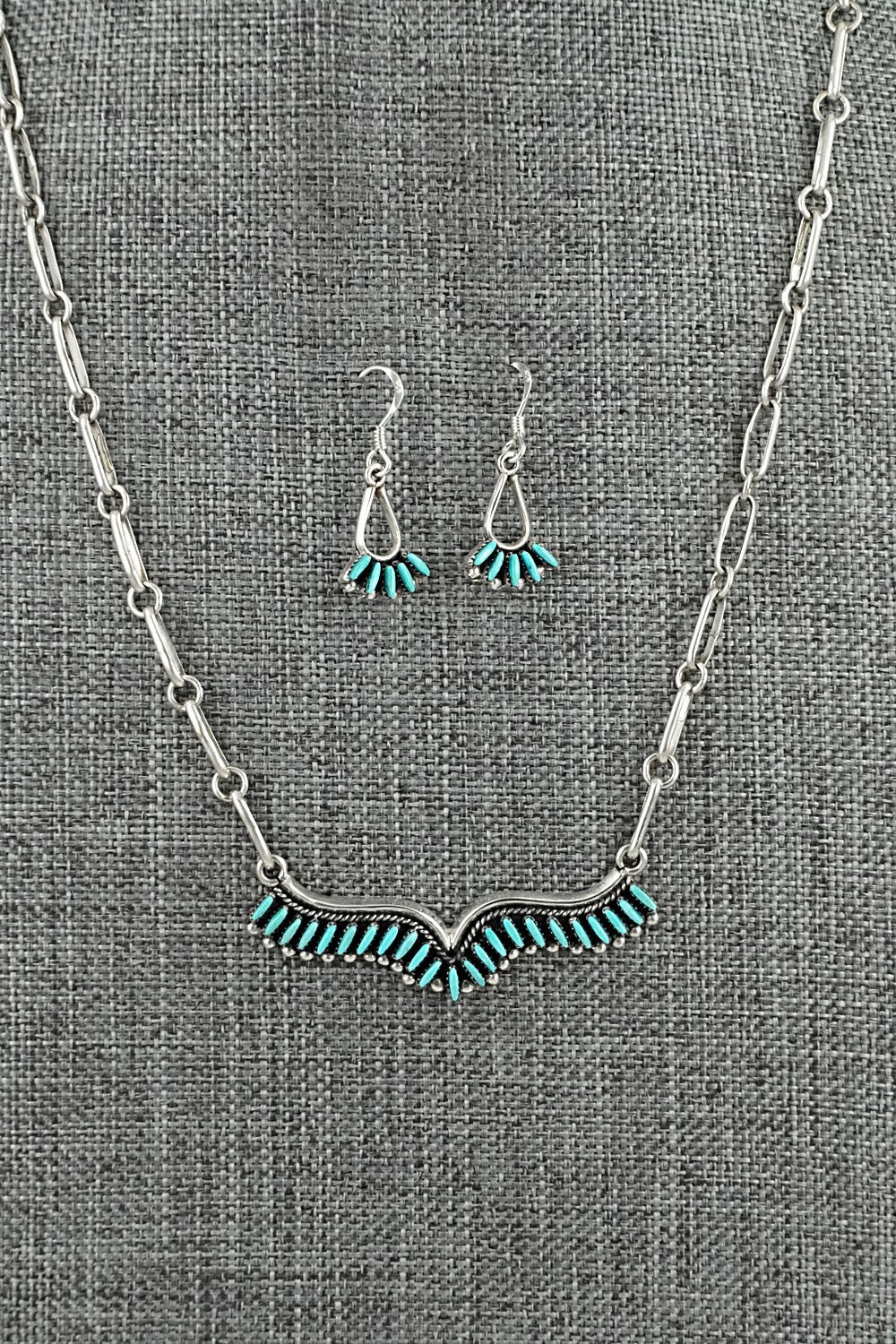 Turquoise & Sterling Silver Necklace and Earrings Set - Mildred Ukestine